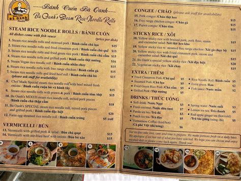 Menu at Banh Cuon Ba Oanh restaurant, Marrickville